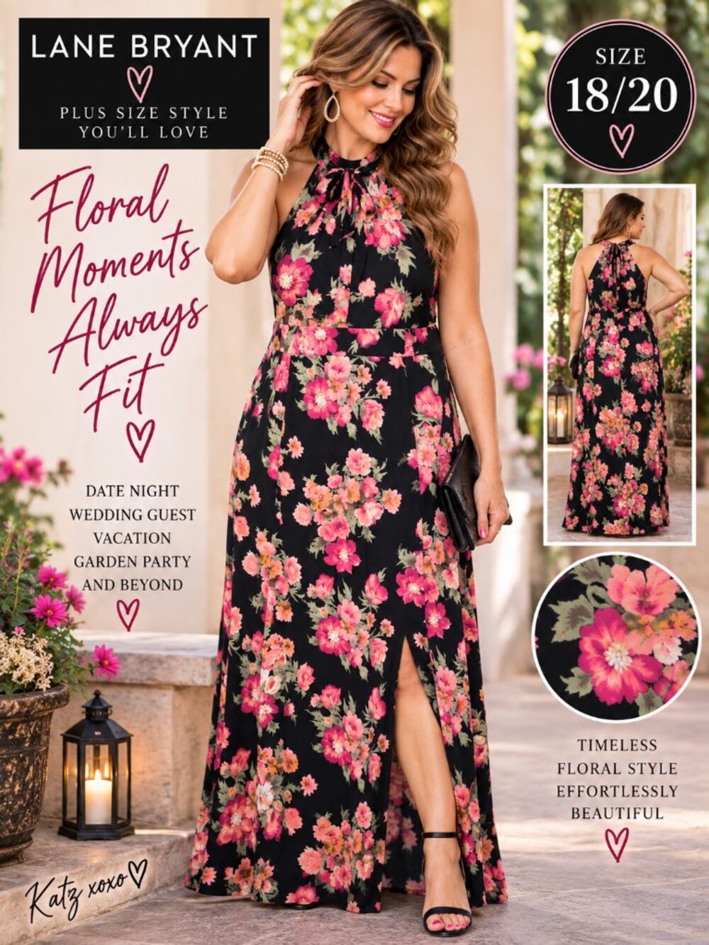 Lane Bryant Black Floral Maxi Dress 18/20 Halter Tie Neck Slit Plus Size Boho